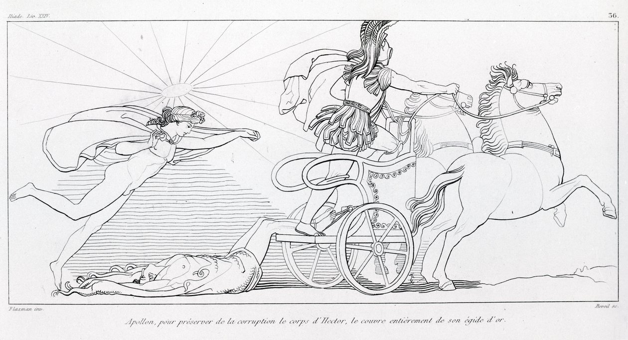 Apollo, auringonjumala, suojaa Hectorin ruumista ja peittää hänet kokonaan kullalla. Laulu XXIV. John Flaxmanin (1755 - 1826) piirustus. Homeroksen Ilias. tekijältä John Flaxman