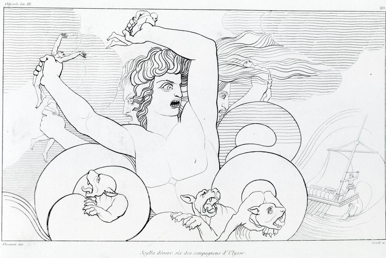 Charybden ja Scyllan jakso: kuusi Ulysseksen toveria on nielty. John Flaxmanin (1755 - 1826) piirustus. Homeroksen Odysseia. Laulu XII. tekijältä John Flaxman