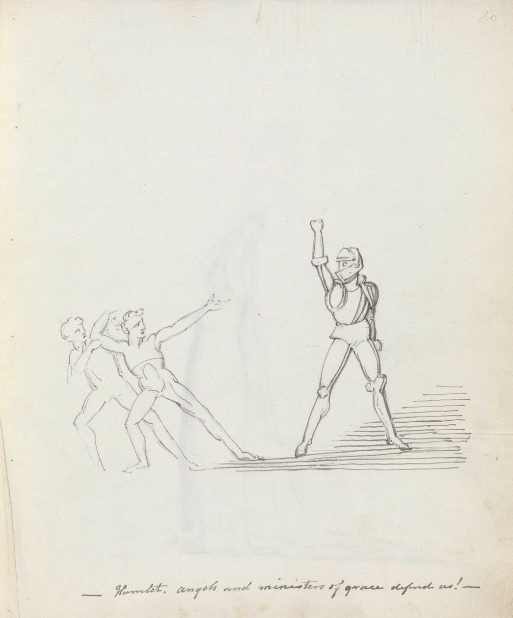 Hamlet. enkelit ja armon palvelijat puolustavat meitä!, 1783 (kynä, muste & pesu paperille) tekijältä John Flaxman