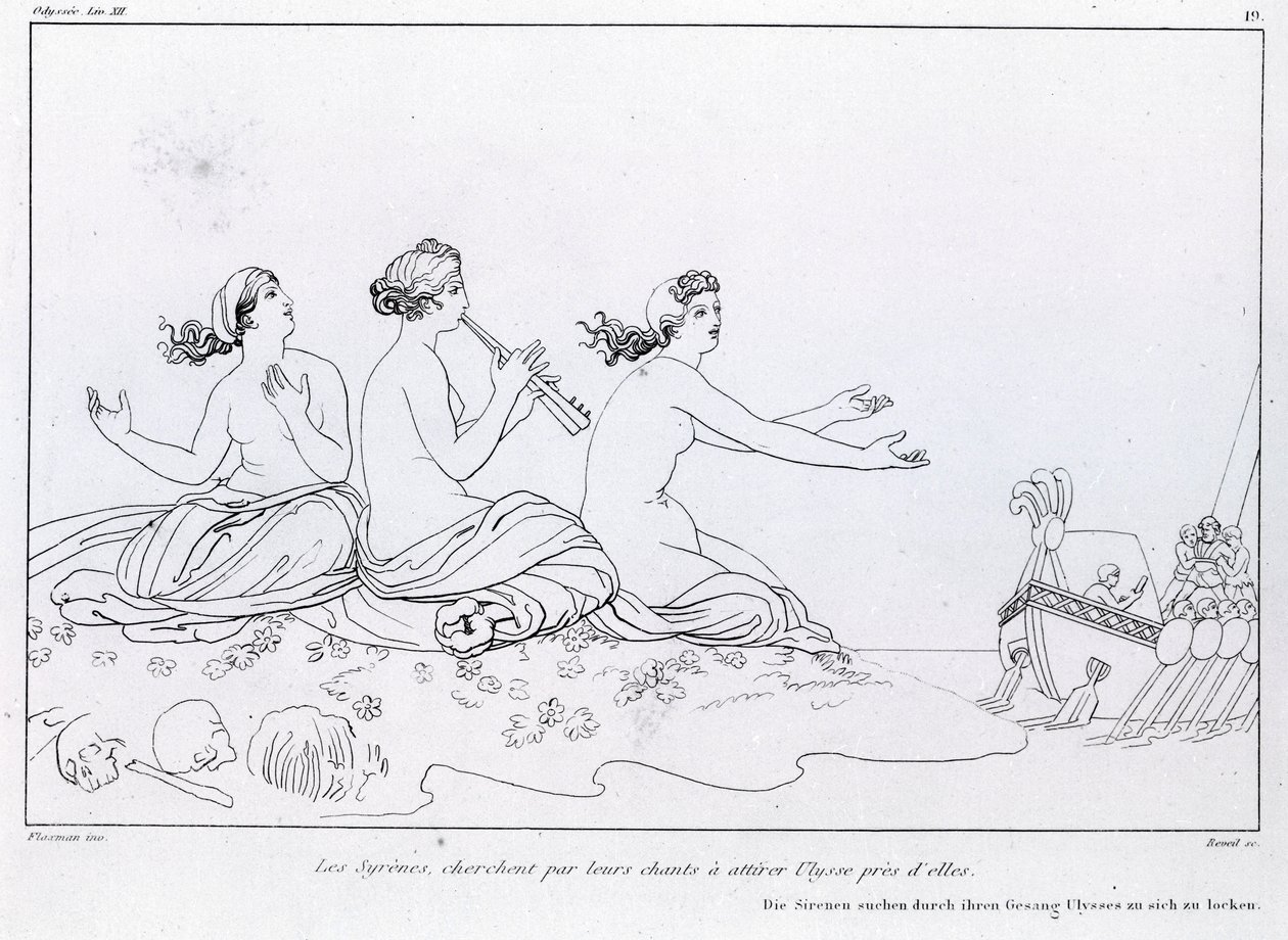 Merenneidot pyrkivät laulullaan houkuttelemaan Ulyssesia. John Flaxmanin (1755 - 1826) piirustus. Homeroksen Odysseia. Laulu XII. tekijältä John Flaxman