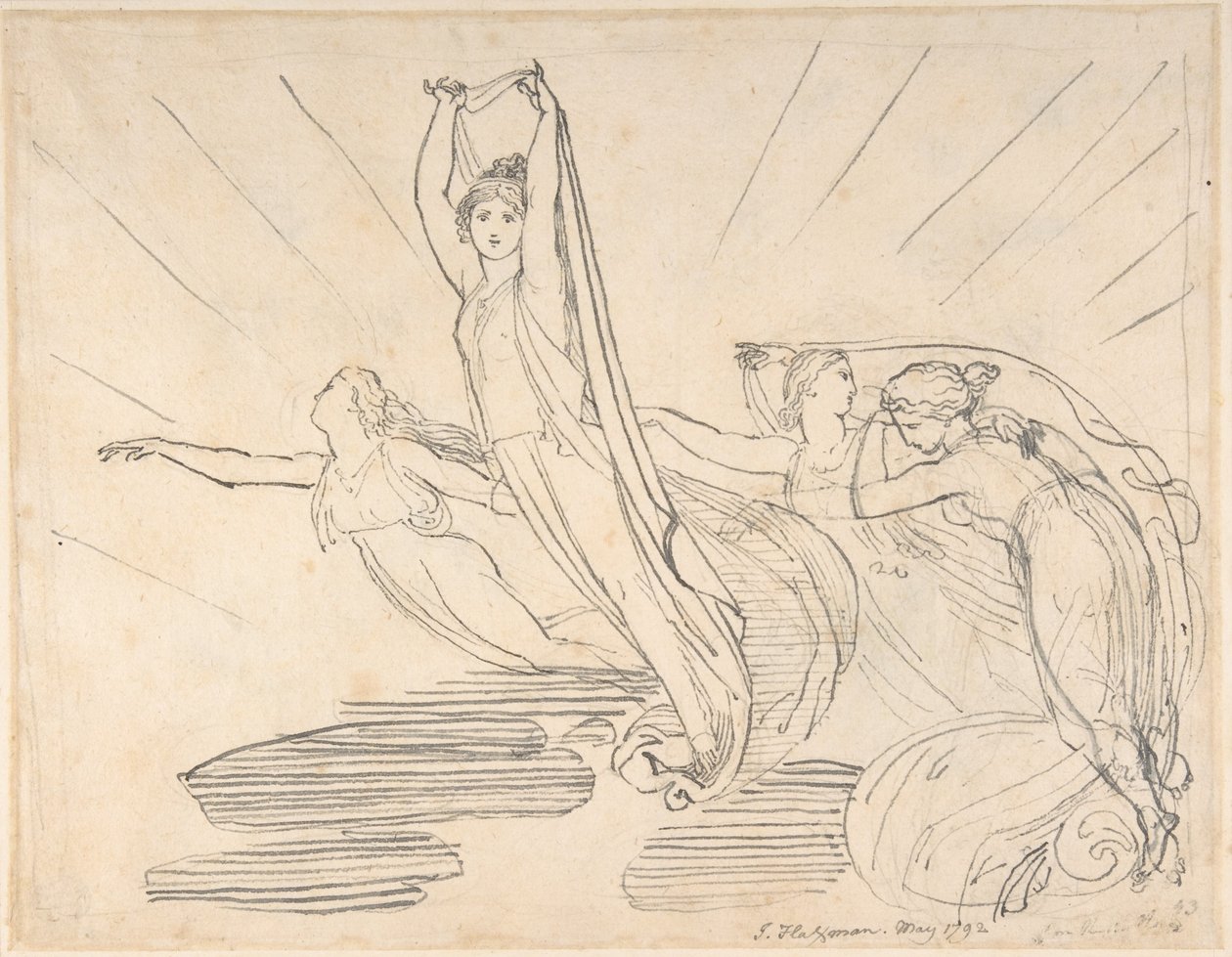 Aamu: Popen Odysseia, kirja 12 (recto); tutkielma lopullista piirustusta varten (verso) tekijältä John Flaxman