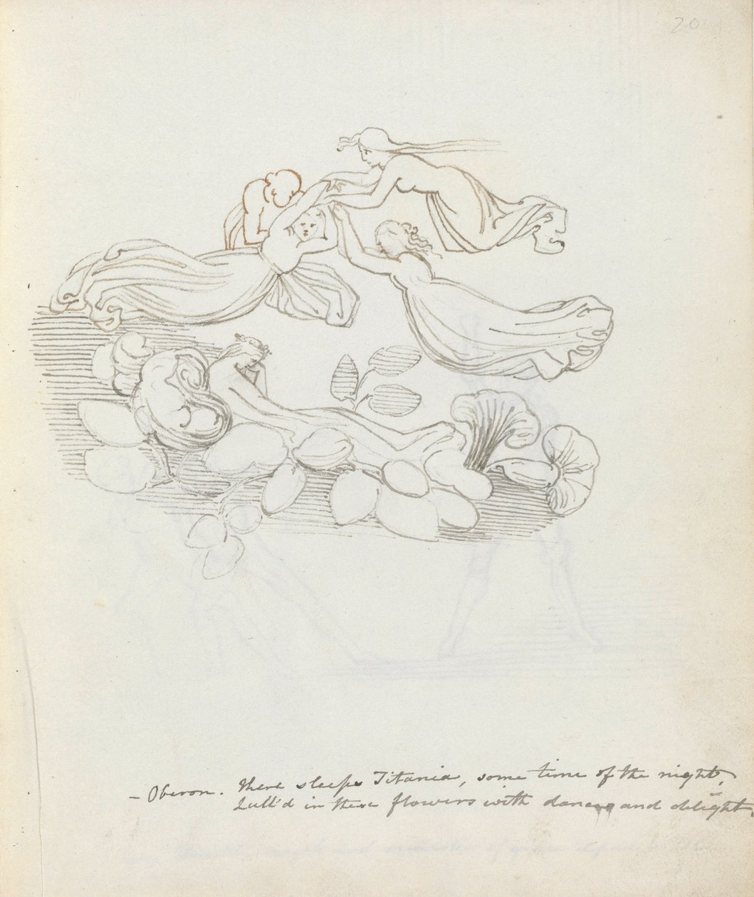 Oberon. Siellä nukkuu Titania, jonkin aikaa yöstä..., 1783 (kynä, muste & pesu paperille) tekijältä John Flaxman