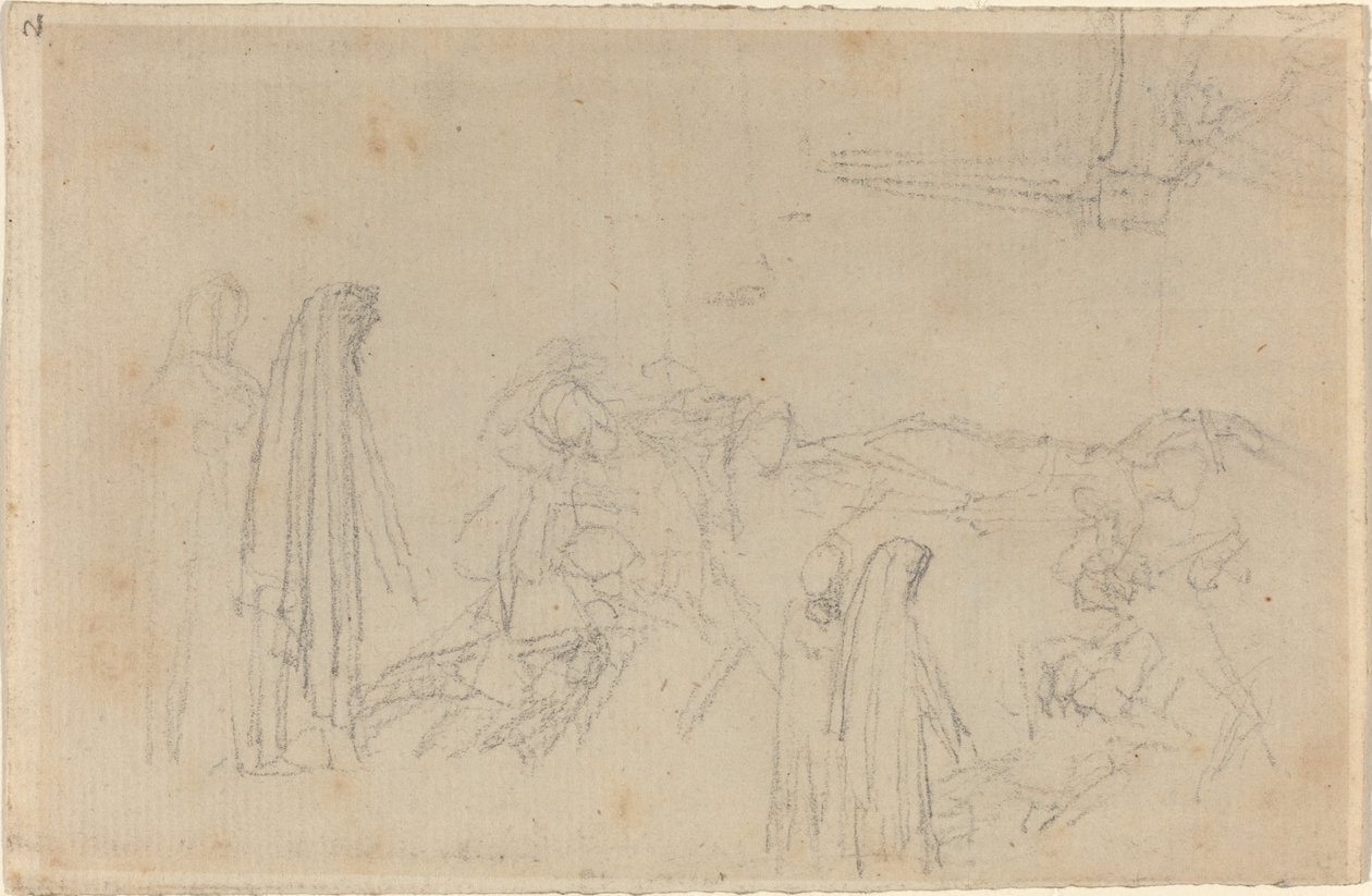 Luonnoksia hupullinen hahmo (Virgil ja Beatrice?) tekijältä John Flaxman