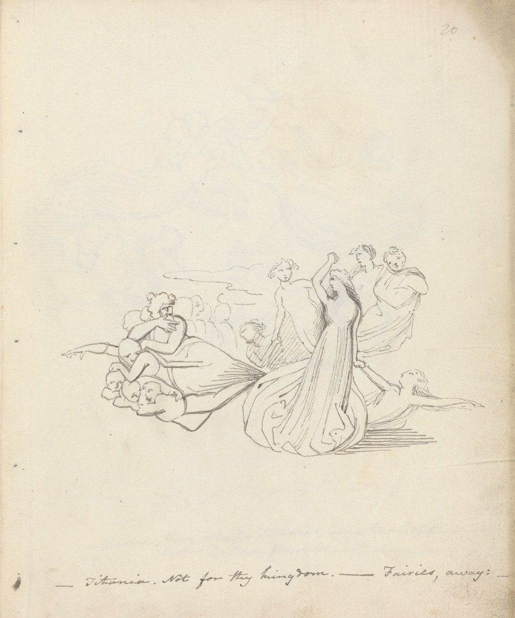 Titania. Ei sinun valtakuntasi vuoksi. - Fairies away, 1783 (kynä, muste ja pesu paperille) tekijältä John Flaxman