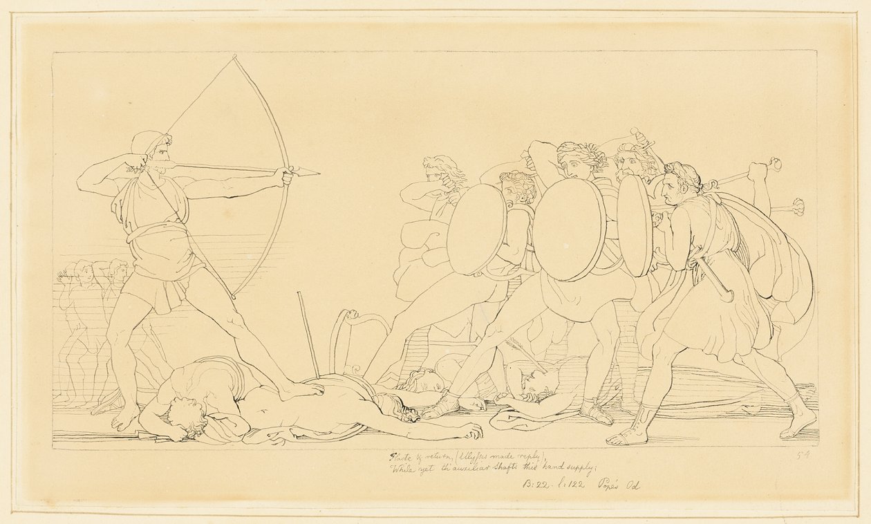 Odysseus tappaa kosijat tekijältä John Flaxman