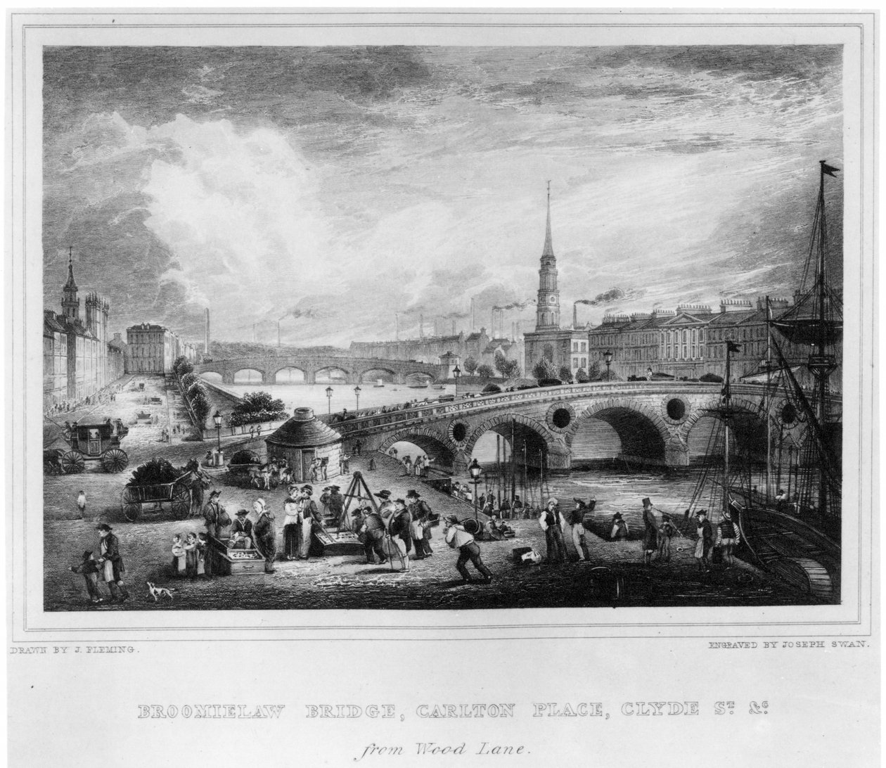 Broomielaw Bridge, Carlton Place, Clyde St., Glasgow, kaiverrus Joseph Swan, 1830 (kaiverrus) tekijältä John Fleming