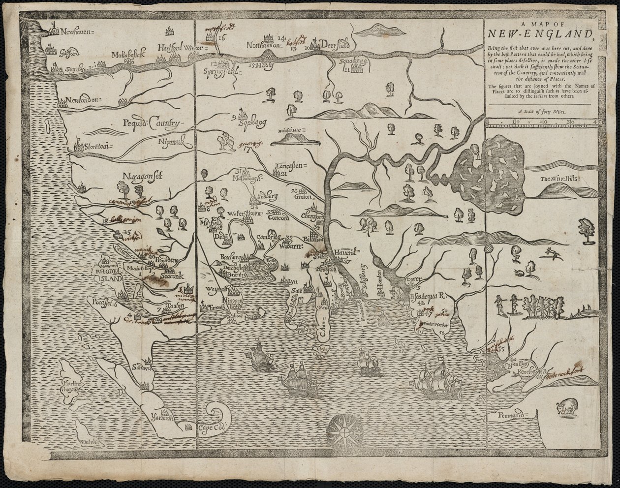 Uuden Englannin kartta Lähettäjä: William Hubbards New-Englandin nykyinen osavaltio, 1677 tekijältä John Foster