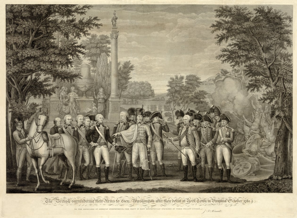 Britit luovuttamassa aseensa kenraali Washingtonille tappionsa jälkeen York Townissa Virginiassa lokakuu 1781, pub. 1819 (kaiverrus) tekijältä John Francis (after) Renault