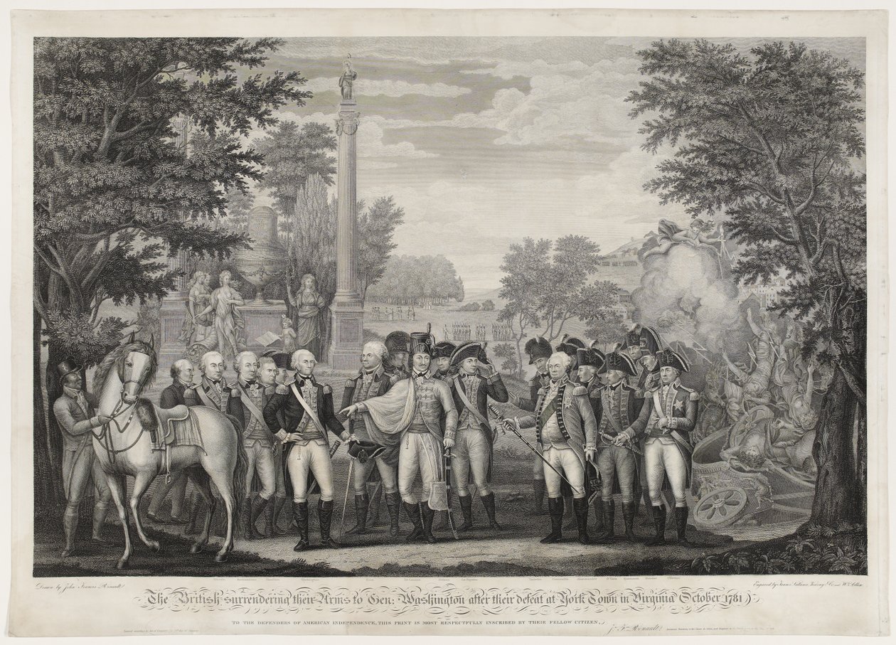 Britit luovuttivat aseensa Gen: Washingtonille tappionsa jälkeen York Townissa Virginiassa lokakuussa 1781. tekijältä John Francis (after) Renault