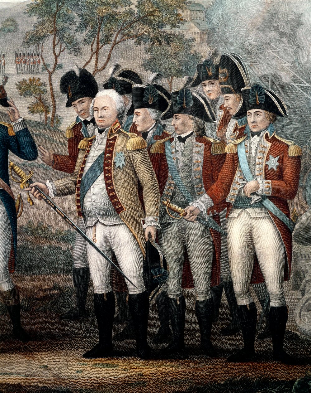 Brittiläiset upseerit Tarleton, Cornwallis, Abercrombie, O