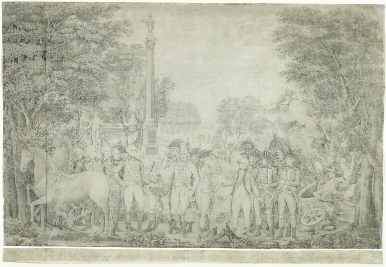 Britit luovuttavat aseensa kenraali Washingtonille tappion jälkeen Yorktownissa Virginiassa lokakuussa 1781, 1810-1815 tekijältä John Francis Renault