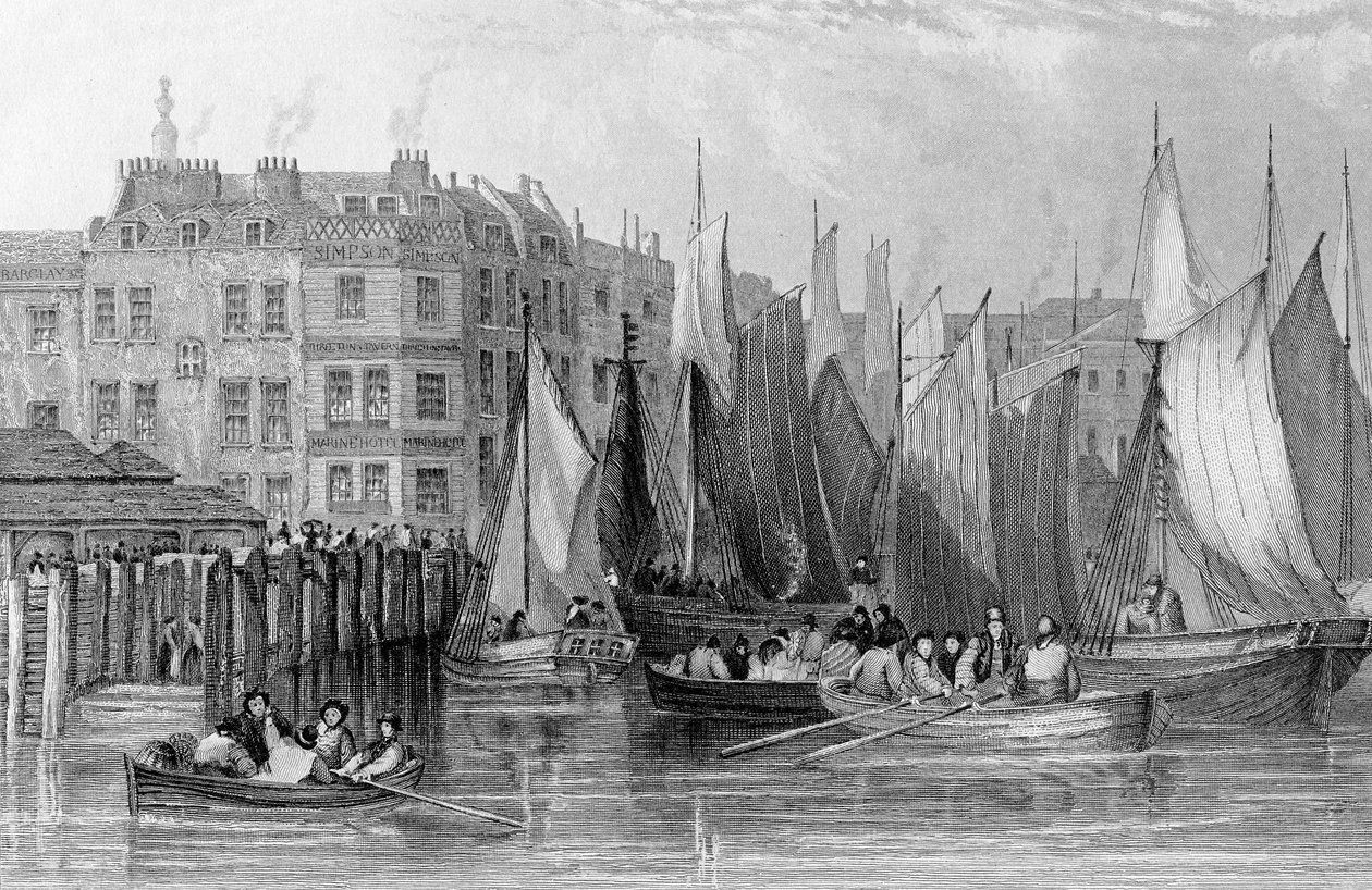 Billingsgate, kuvitus teoksessa "History of London: Illustrated by views of London and Westminster" (Lontoon ja Westminsterin historia, kuvittanut John Woods), julkaistu 1838. tekijältä John Francis Salmon