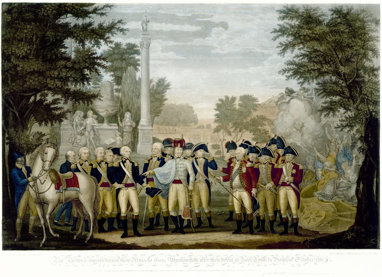 Britit luovuttavat aseensa kenraali Washingtonille tappion jälkeen York Townissa Virginiassa lokakuussa 1781, 1819 (käsinvärinen kuparikaiverrus) tekijältä John Francis Renault