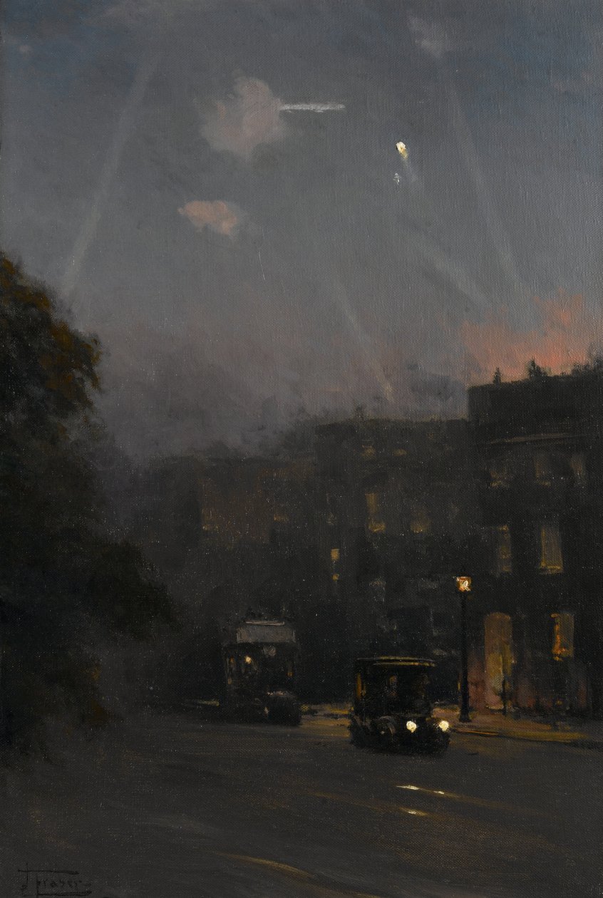 Zeppeliinihyökkäys, 8. lokakuuta 1915, noin 1915-18 (öljy kankaalle). tekijältä John Fraser