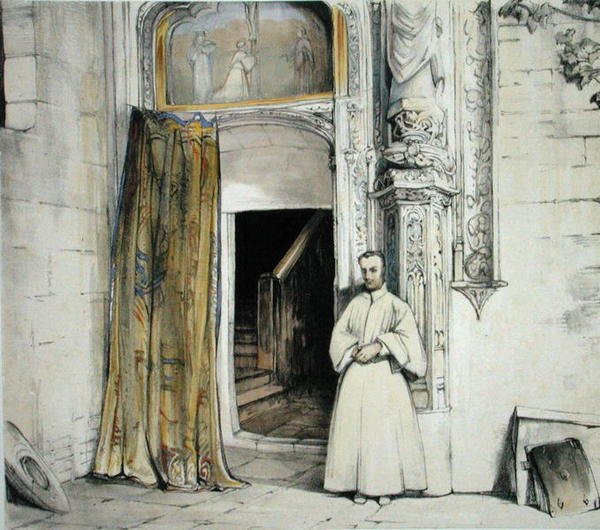 Luostarin ovi, Toledo, teoksesta "Sketches of Spain", kaivertaja Charles Joseph Hullmandel (1789-1850), julkaistu 1836 (värilitografia). tekijältä John Frederick (after) Lewis