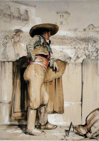 Härkätaistelija katselee barrikadin takaa, Charles Joseph Hullmandelin (1789-1850) kaiverruksesta "Sketches of Spain", julkaistu 1836 (värinen lito) tekijältä John Frederick (after) Lewis