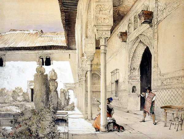 Sisäänkäynti Suurlähettiläshalliin, "Alhambran luonnokset ja piirustukset", kaiverrus William Gauci (fl.1825-54) tekijältä John Frederick (after) Lewis
