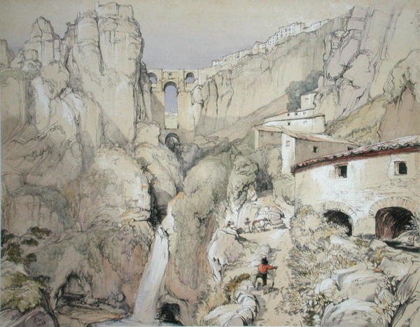 Gypsies, Ronda, teoksesta "Sketches of Spain", kaiverrus Charles Joseph Hullmandel (1789-1850), julkaistu 1836 (väri litho) tekijältä John Frederick (after) Lewis