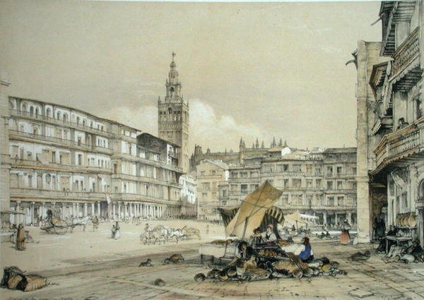 Plaza de San Francisco, Sevilla, julkaisusta "Sketches of Spain", kaiverrettu Charles Joseph Hullmandel (1789-1850), julkaistu 1836 (väri litho) tekijältä John Frederick (after) Lewis