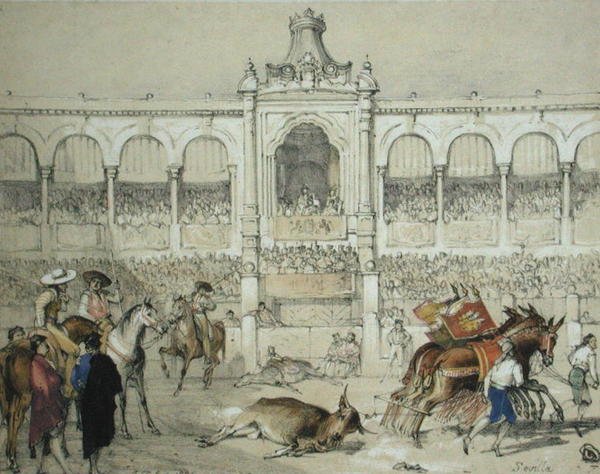 Sevillan härkätaistelu: Charles Joseph Hullmandelin (1789-1850) kaiverruksesta "Sketches of Spain", julkaistu 1836 (värilitografia). tekijältä John Frederick (after) Lewis