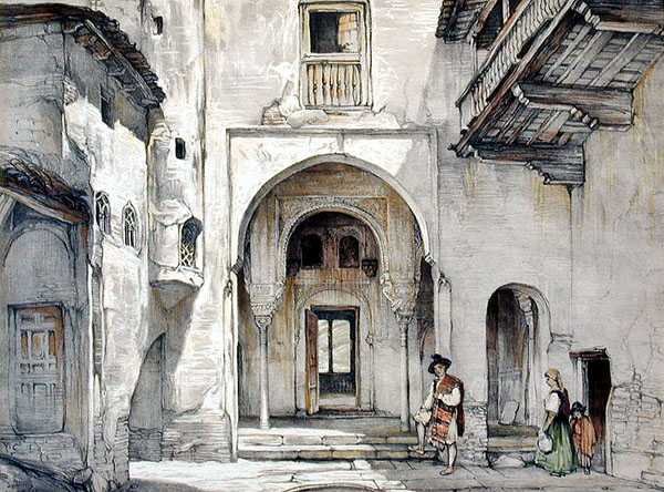 Moskeijan sisäänkäynti, "Alhambran luonnokset ja piirustukset", kaivertanut William Gauci (fl.1825-54) tekijältä John Frederick (after) Lewis