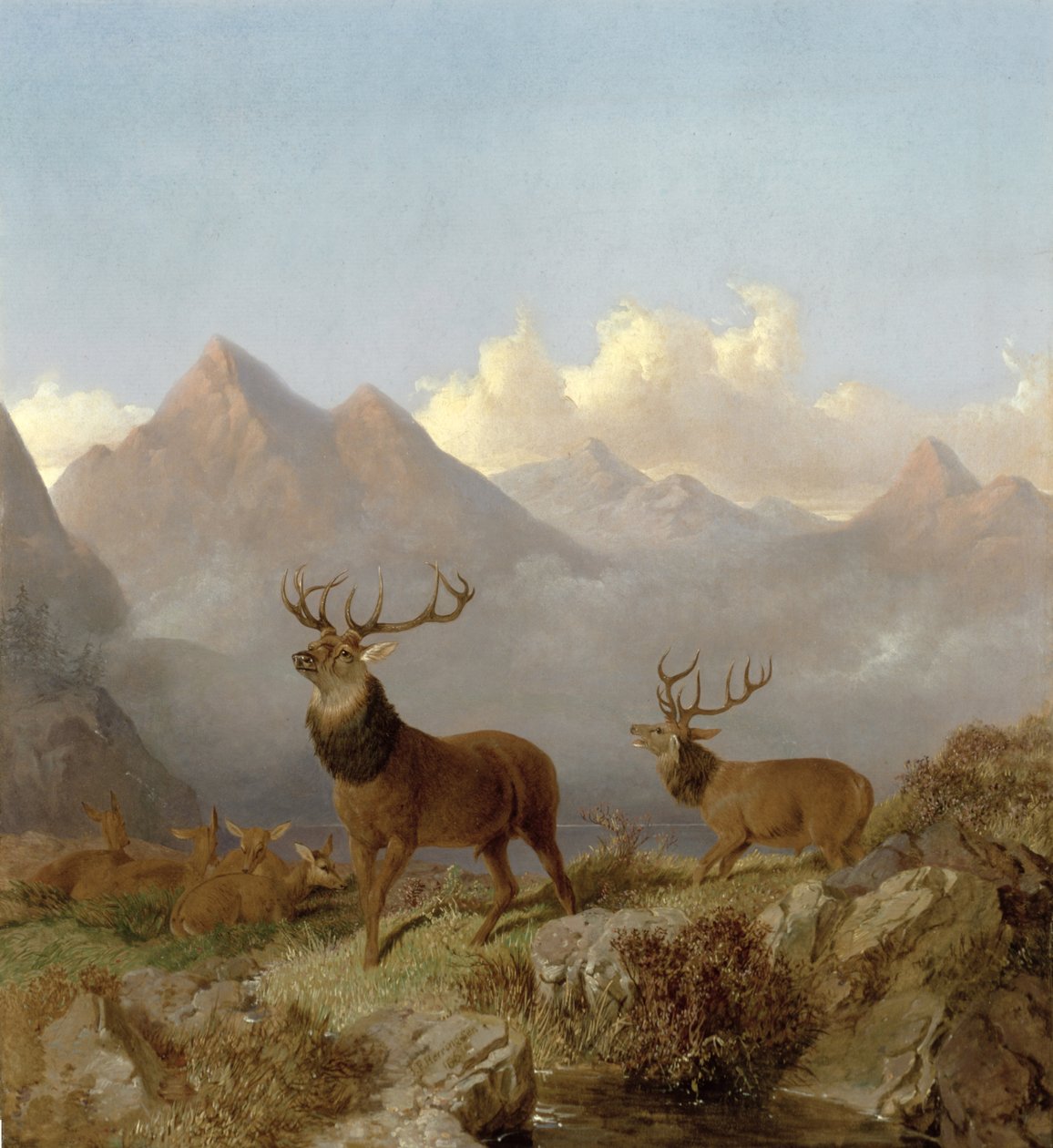 Yksityiskohta hirvieläimistä ja takista ylämaan maisemassa, 1864 tekijältä John Frederick Herring Junior