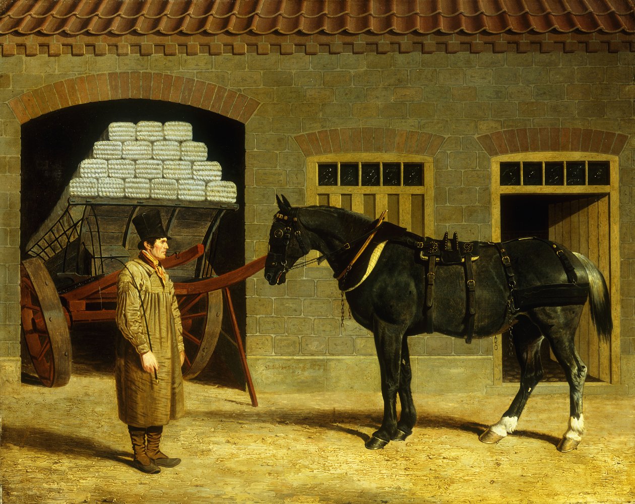 Kärryhevonen ja kuljettaja tallin ulkopuolella, 1827 tekijältä John Frederick Herring Senior