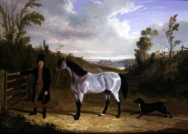 Benjamin Smithin sulhanen Leslie suosikkimetsästäjän Avondalen kanssa maisemassa tekijältä John Frederick Herring Senior