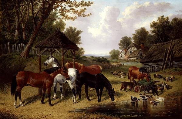 Hevoset maatilalammen rannalla (öljy kankaalle) tekijältä John Frederick Herring Senior