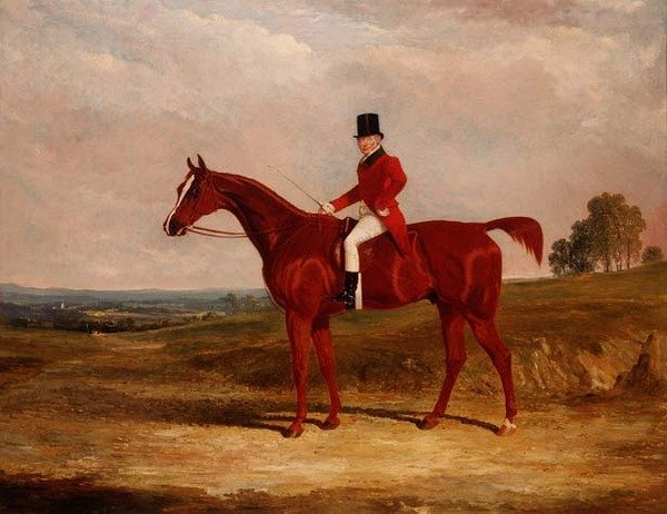 Sir Hugh Hamilton Mortimer, vanhojen Surreyn kettukoirien mestari, kastanjanmetsästäjällä laajassa maisemassa tekijältä John Frederick Herring Senior