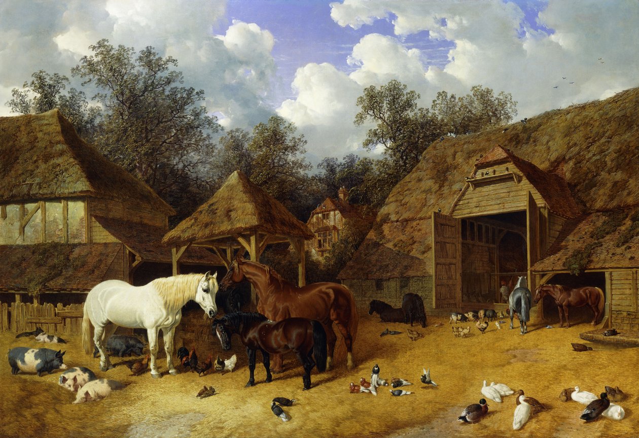 Taiteilijan maatila Meophamissa, Kentissä, hevosten, shetlanninponien, sikojen, ankkojen, kyyhkysten ja kanojen kanssa, 1857 tekijältä John Frederick Herring Senior