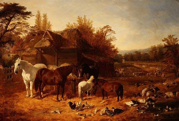 Maatila, jossa hevosia, poneja, berkshiren satulan selkänoja, Alderney Shorthorn karjaa ja siipikarjaa tekijältä John Frederick Herring Senior