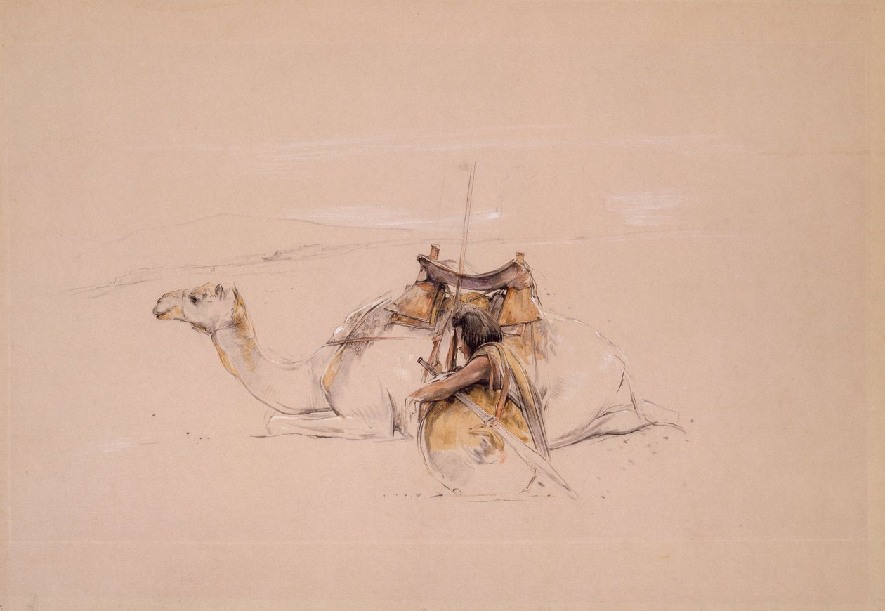 Bisharin arabi kamelillaan (lyijykynä ja akvarelli) tekijältä John Frederick Lewis