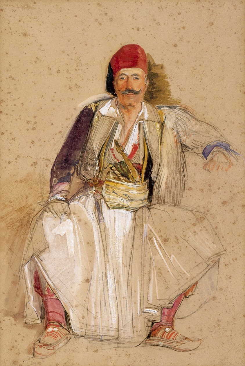 Corfiote Warrior, istuva (akvarelli lyijykynällä luonnonvalkoiselle paperille) tekijältä John Frederick Lewis