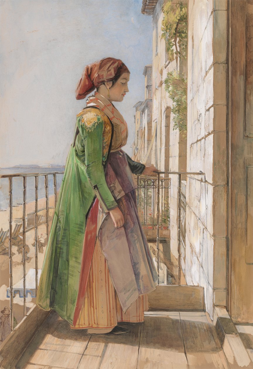 Kreikkalainen tyttö seisoo parvekkeella tekijältä John Frederick Lewis