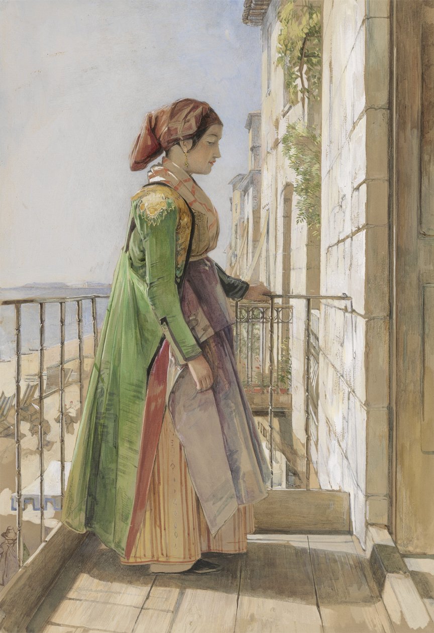 Kreikkalainen tyttö seisomassa parvekkeella, n. 1840 (akvarelli ja guassi grafiitin päällä paperilla) tekijältä John Frederick Lewis