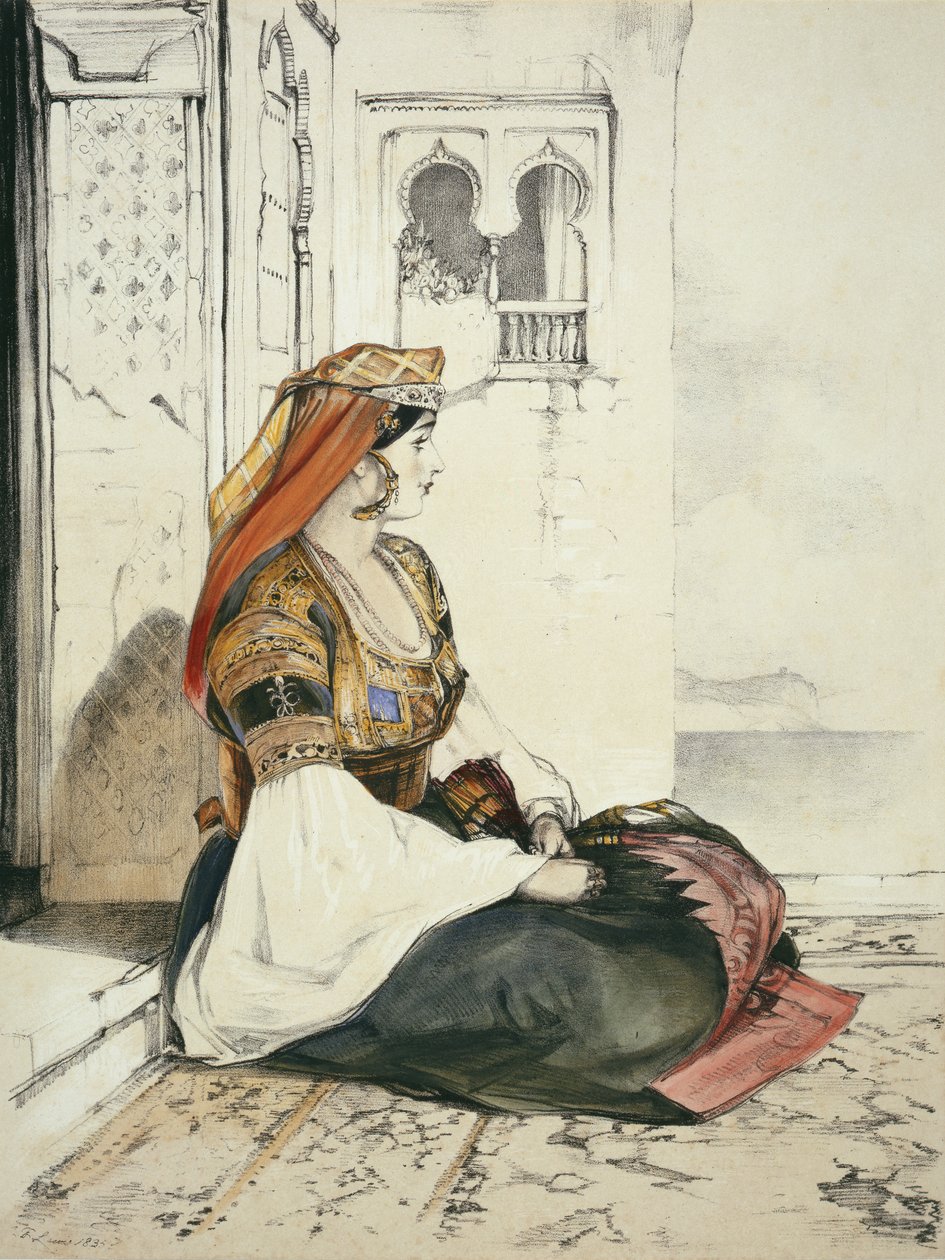 Gibraltarin juutalainen nainen, "Sketches of Spain", kaiverrettu Charles Joseph Hullmandel (1789-1850), julkaistu 1836 tekijältä John Frederick Lewis