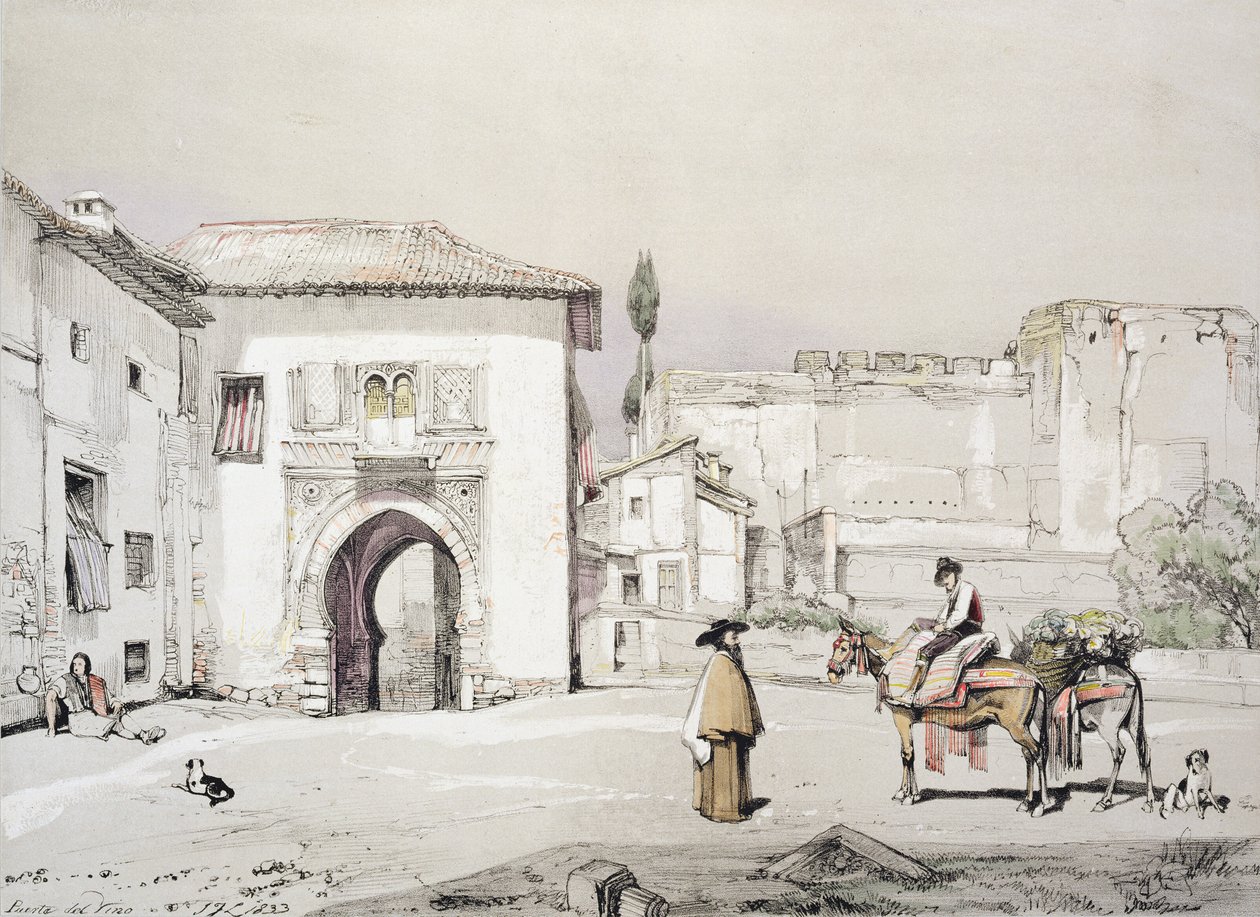 Viiniköynnöksen portti (Puerta del Vino), teoksesta "Alhambran luonnokset ja piirustukset", kaiverrus James Duffield Harding (1798-1863), 1833 tekijältä John Frederick Lewis