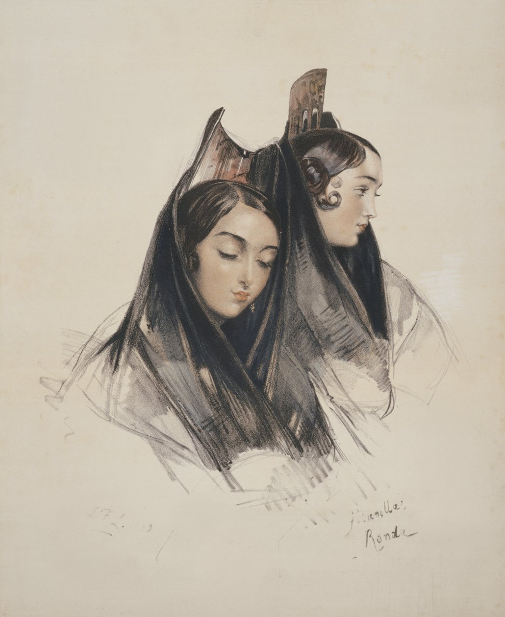 Girls of the Ronda, Andalusia, levy 11 julkaisusta Sketches of Spain, kaiverrettu Charles Joseph Hullmandel (1789-1850), julkaistu 1836 tekijältä John Frederick Lewis