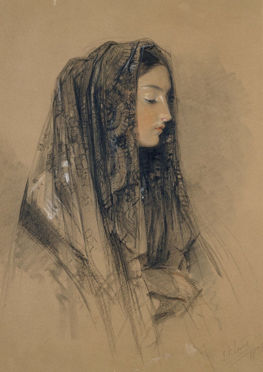 Italian tytön pää mantillassa, 1838 (punainen ja musta liitu ja intialainen mustetta vesiväreillä ja vartaloväreillä kiillotuslevyllä) tekijältä John Frederick Lewis