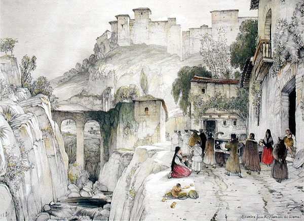 Osa Alhambraa Alameda del Darrosta, kohdasta "Alhambran luonnokset ja piirustukset" tekijältä John Frederick Lewis