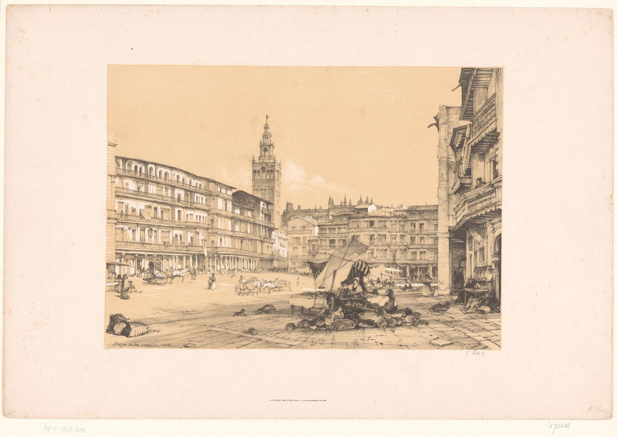 Luonnokset matkasta Espanjaan: Plaza de San Francisco, Sevilla Plaza de San Francisco, Sevilla (otsikko esineessä) tekijältä John Frederick Lewis