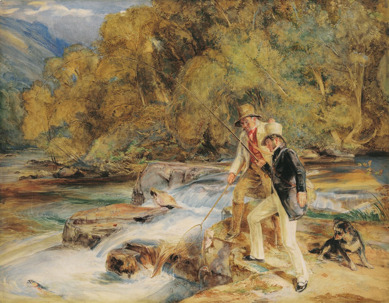 Sir Edwin Landseer, R.A. ghillien kanssa, joka kalastaa lohta, mahdollisesti Dart-joella, lähellä Holnea, Devonissa (kynä & w/c arabikumilla ja vartalovärillä ja raapiminen paperille) tekijältä John Frederick Lewis