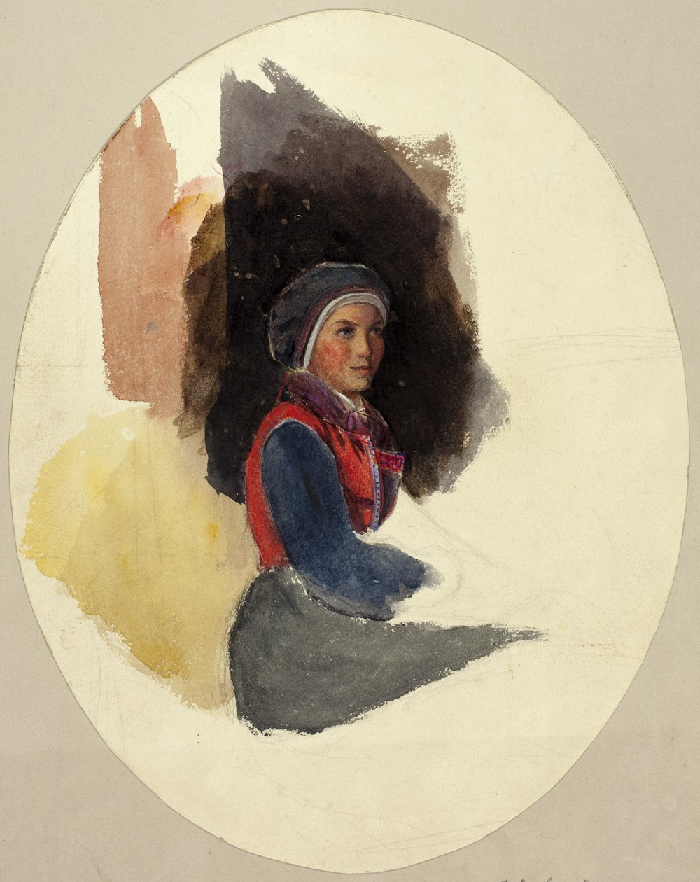 Luonnos istuvasta naisesta talonpoikaispuvussa tekijältä John Frederick Lewis