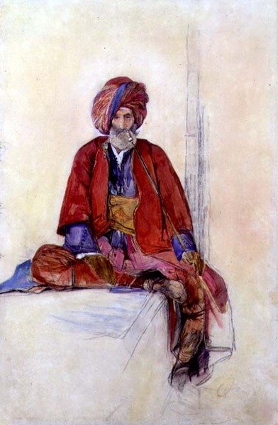 Tutkimus istuvasta turkkilaisesta, joka polttaa pitkää piippua, n. 1841 (liitu, akvarelli ja guassi) tekijältä John Frederick Lewis