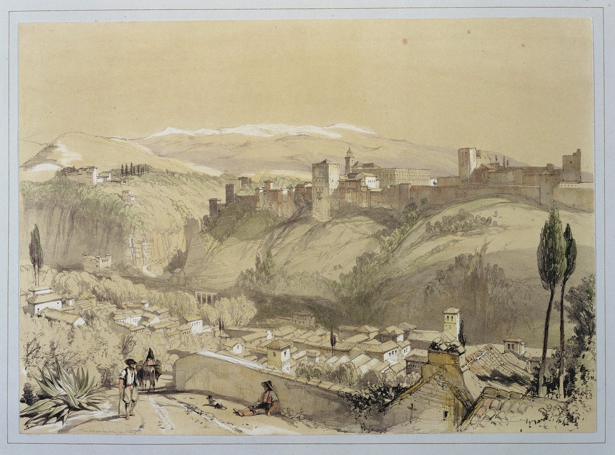 The Alhambra from the Albay, "Sketches and Drawings of the Alhambra", kaiverrus James Duffield Harding (1798-1863), 1835 tekijältä John Frederick Lewis
