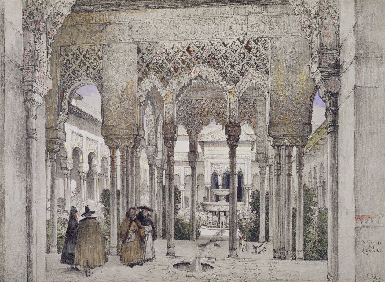Leijonien tuomioistuin (Patio de los Leones), teoksesta "Alhambran luonnokset ja piirustukset", kaiverrus William Gauci (fl.1825-54), 1834 tekijältä John Frederick Lewis