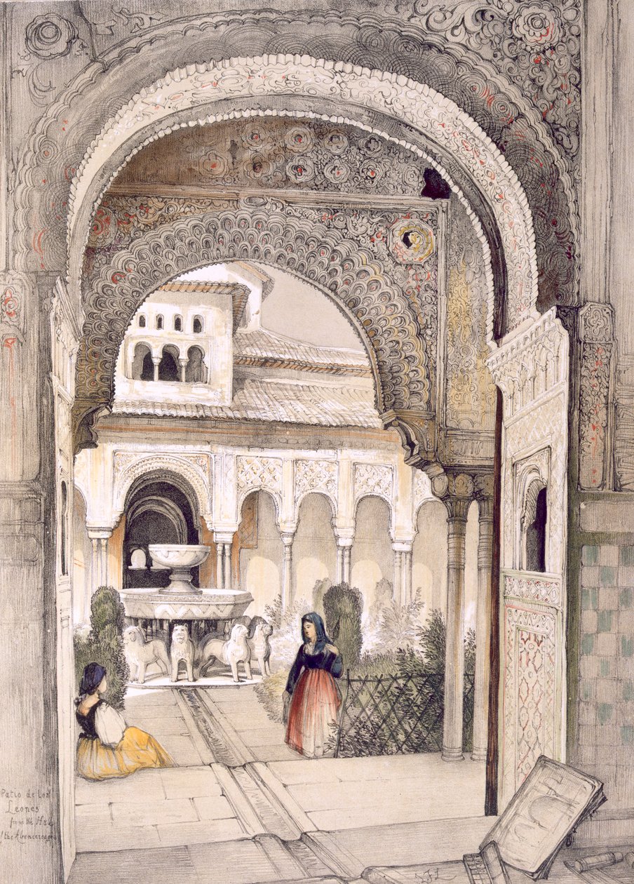 Leijonien lähde, Abencerrajes-salista, "Alhambran luonnokset ja piirustukset", kaivertanut William Gauci (fl.1825-54) tekijältä John Frederick Lewis