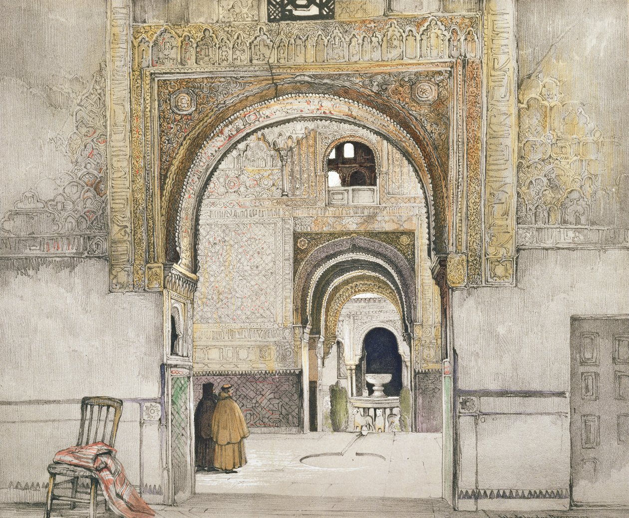 Kahden sisaren sali (Sala de las dos Hermanas), "Alhambran luonnokset ja piirustukset", kaiverrus William Gauci (fl.1825-54), 1835 tekijältä John Frederick Lewis