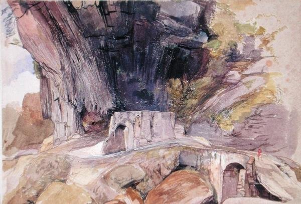 Mountain Pass (kynä ja harmaa muste ja akvarelli paperille) tekijältä John Frederick Lewis